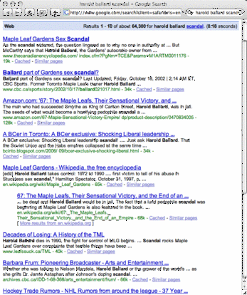 Google search results for Harold Ballard scandal. There are lots.