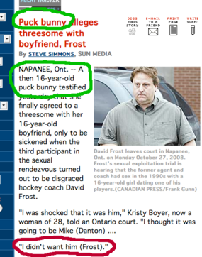 A small screenshot of a Canoe article with the headline Puck bunny alleges threesome with boyfriend, Frost. The words Puck bunny are circled. Text from the article reads in part, and is also circled A then 16-year-old puck bunny testified, and I didn't want him (Frost).